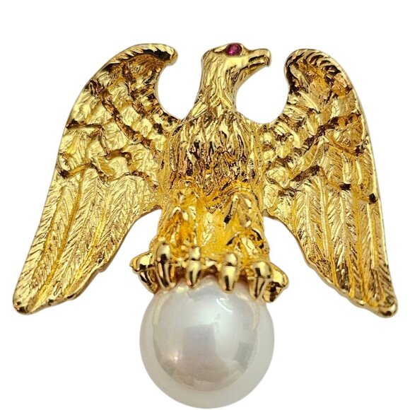 Ann Hand Vermeil Sterling Eagle Brooch, Faux Pearl Pin, Signed - Picture 11 of 11